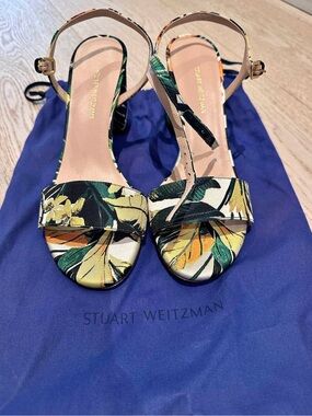 Stuart Weitzman Floral Open-Toe Ankle-Strap Sandals in Yellow, Green, Black